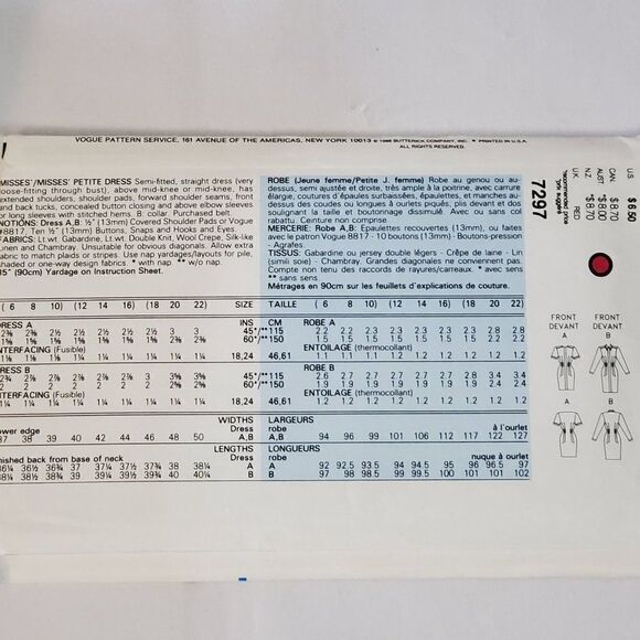 Vintage 80s Easy Very Vogue Career Sheath Dress Pattern 7297 Sz 6 8 10 Uncut - Picture 2 of 2